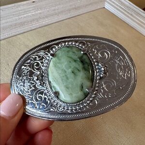 Vintage Silver Belt Buckle, Meticulously Etched with Authentic Turquoise Stone